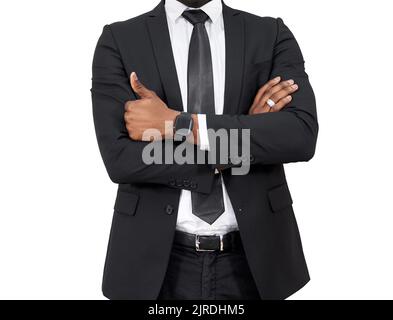 afrikanischer Geschäftsmann mit Daumen nach oben isoliert auf weißem Hintergrund Stockfoto