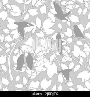 Graue Äste eines Baumes und fliegende Vögel. Nahtloses Muster. Vektorgrafik Stock Vektor