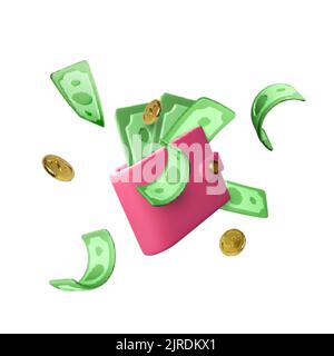 3D Brieftasche mit grünen Dollarscheinen und Goldmünzen. Geschäfts- und Finanzkonzept. Erfolgreiche Investition oder Cashback-Service. Vektorgrafik Stock Vektor