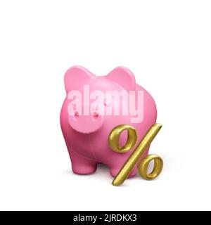 3D rosa Sparschwein mit Gold-Prozent-Symbol. Konzept der Bank- oder Sparstrategie. Erfolg im Geschäfts- und Finanzbereich. Vektorgrafik Stock Vektor