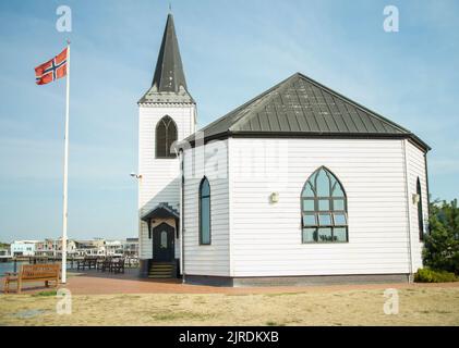 Cardiff, Wales, August 14. 2022, Norwegische Kirche in Mermaid Quay. Historisches Holzgebäude Stockfoto