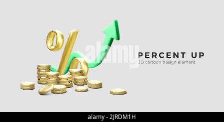 Stapel von Goldmünzen und Prozentzeichen mit grünem Pfeil nach oben. Geschäftserfolg oder Starterfolg. Vektorgrafik Stock Vektor