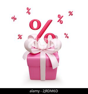 3D rosa Geschenkbox mit Schleife und Prozentsymbol darauf. Sinkende Prozentzeichen. Vorlage für Rabattkarten auf Weiß isoliert. Vektorgrafik Stock Vektor