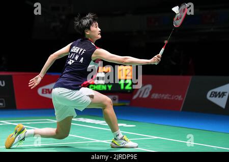 Tokio, Japan. 24. August 2022. Chen Yufei aus China tritt beim zweiten Frauenspiel gegen Soniia Cheah aus Malaysia bei der BWF-Weltmeisterschaft 2022 in Tokio, Japan, am 24. August 2022 an. Quelle: Zhang Xiaoyu/Xinhua/Alamy Live News Stockfoto