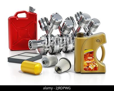 V6 Motor, Gasbehälter, Ölflasche und Ersatzfilter. 3D Abbildung. Stockfoto