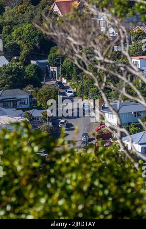 Wellington, Neuseeland - 13. April 2020: Panoramablick auf die Häuser in einem Vorort von Brooklyn in Wellington, Neuseeland Stockfoto