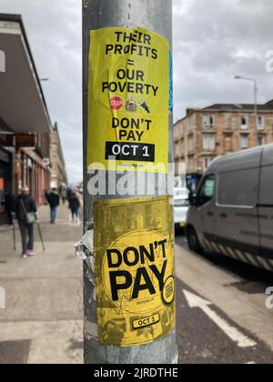 Don’t Pay – Aufkleber beschweren sich über Preiserhöhungen für heimische Heizungen in Glasgow, Schottland, 23. August 2022. Stockfoto