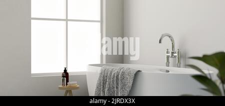 Modernes elegantes weißes Badezimmer-Innendesign mit luxuriöser Badewanne, Handtuch, Innenpflanze, Badezubehör, Fenster und weißer Wand. 3D Rendering, 3D ill Stockfoto