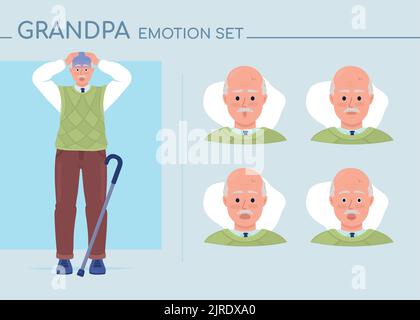Betäubt Opa halbflache Farbe Charakter Emotionen gesetzt Stock Vektor