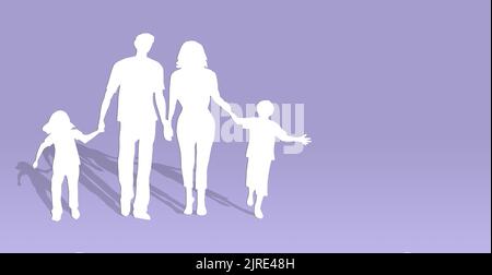 Papiersilhouetten Familie bestehend aus Vater, Mutter, Sohn und Tochter auf einem lila Hintergrund mit Kopierraum.das Konzept eines vollen Familienlebens. Stockfoto