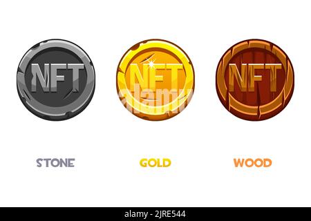 Vector NFT Münzen aus verschiedenen Materialien, Gold, Stein und Holz. Kryptowährung, NFT-Token-Internetwährung der Zukunft Stock Vektor