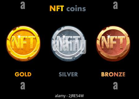 NFT alte Münzen in verschiedenen Metallen. Gold-, Silber- und Bronzemünzen. Kryptowährung, NFT-Token-Internetwährung der Zukunft Stock Vektor