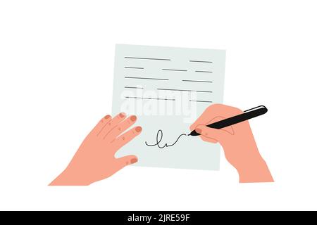 Autor schreibt auf Schreibmaschine großartige Geschichte, menschliche Hand unterzeichnet ein Dokument, Flat Art Illustration. Stockfoto