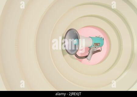 3D Abbildung. 3D Rendering , Megaphon mit Kopierraum auf braunem Hintergrund. Werbung über Lautsprecher. Stockfoto