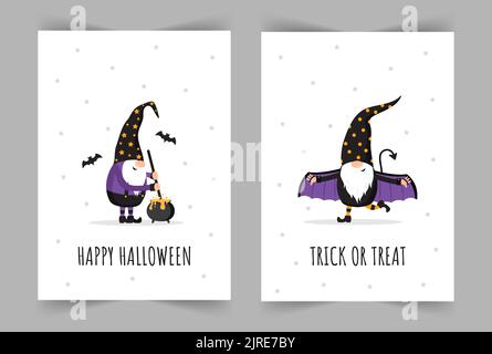 Set Halloween Grußkarten. Niedliche skandinavische Zwerge. Gruselige Nachtparty-Einladung, Poster oder Flyer. Vektorgrafik im Cartoon-Stil Stock Vektor