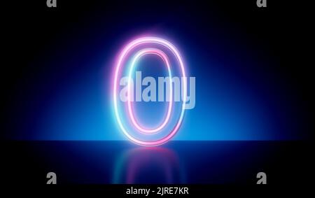 Nummer 0 neon leuchtendes futuristisches Röhrenlicht. 3D Rendering Stockfoto
