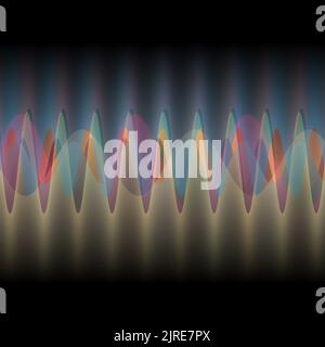 Illustration mehrerer Wellen, die durch viele kleine digitale vertikale Linien oszillieren oder überlappen abstraktes dekoratives modernes Design auf schwarzem Hintergrund Stockfoto