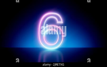 Nummer 6 neon leuchtendes futuristisches Röhrenlicht. 3D Rendering Stockfoto