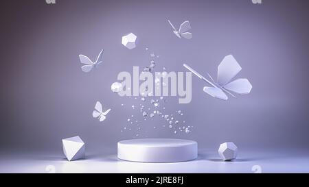 Abstrakter Szenenhintergrund mit sanften Pastellfarben zur Produktvisualisierung oder Präsentation - 3D Render von Podium oder Dais mit Schmetterlingen, Kristallen Stockfoto