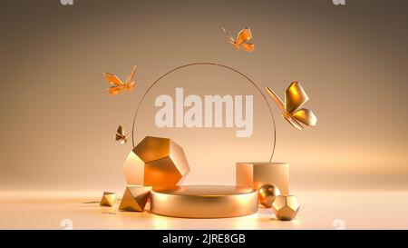 Geometrisch irisierend 3D Render Hintergrund. Produktpräsentation, Mock-up, Show Kosmetik-Produkt, Podium oder Dais, Bühne Sockel oder Plattform mit Glasware Stockfoto