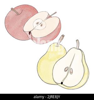 Freihändiges Aquarellset mit Früchten - saftiger roter Apfel und reife Birne Stockfoto