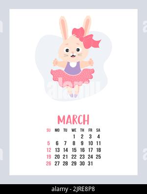 Kalender März 2023. Cute Hase Mädchen Ballerina im Kleid auf spitzenschuhe. Kaninchen ist Symbol 2023 Jahr zu chinesischen Tierkreis. Vektorgrafik. Vertikales T Stock Vektor