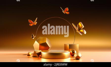 goldene Dais oder Podium Hintergrund für Produktvisualisierung oder Präsentation mit glänzenden rohen goldenen Materialien und Farben mit Schmetterlingen - 3D Render o Stockfoto