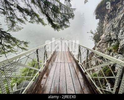 Blick über die Marienbrücke oder die Königin-Maria-Brücke oder die Marie-Brücke oder die Pöllatbrücke über die Pöllatschlucht, ein Aussichtspunkt auf Schloss Neuschwanstein. Stockfoto