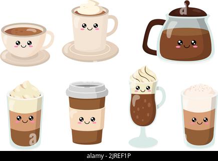 Ein Haufen niedlicher Aufkleber auf weißem Hintergrund isoliert. Verschiedene Arten von Kaffee. Stock Vektor