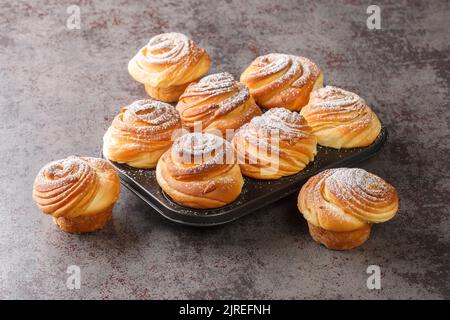 Cruffins ostergebäck, Muffin und Croissant Rollen auf dunklem Hintergrund, Nahaufnahme. Horizontal Stockfoto