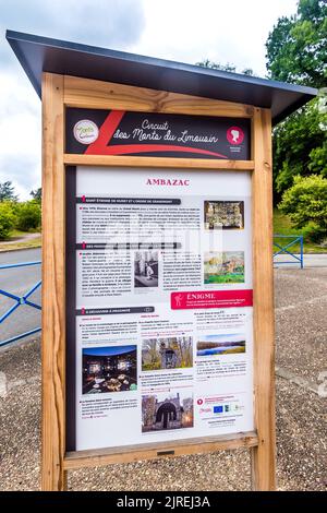 Infotafeln mit touristischen Attraktionen - Ambazac, Haute-Vienne (87), Frankreich. Stockfoto