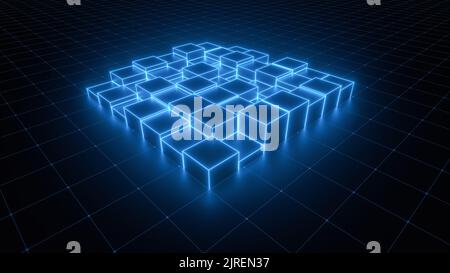 Neonblau leuchtende Würfel und gerasterter Hintergrund (3D Rendering) Stockfoto