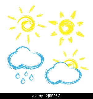 Set von Kreide stilisierte Wettersymbole isoliert auf weiß. Kalkgezeichnete Sonne und Wolken. Vektorgrafik. Stock Vektor