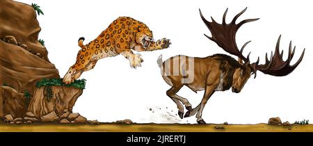 Säbelzahn greift den riesigen Hirsch megaloceros an. Zeichnung mit ausgestorbenen Tieren. Vorlage für das Ausmalen. Stockfoto