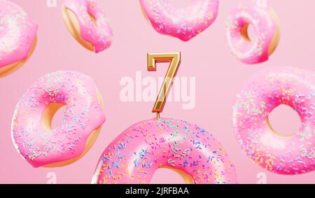 Happy 7. Geburtstagsfeier Hintergrund mit rosa mattierten Donuts. 3D Rendering Stockfoto