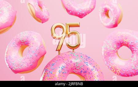 Happy 95. Geburtstagsfeier Hintergrund mit rosa mattierten Donuts. 3D Rendering Stockfoto