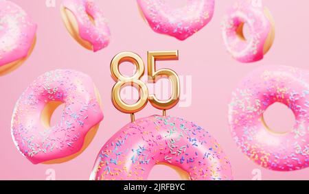 Happy 85. Geburtstagsfeier Hintergrund mit rosa mattierten Donuts. 3D Rendering Stockfoto