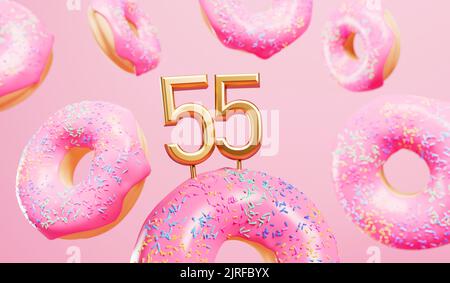 Happy 55. Geburtstagsfeier Hintergrund mit rosa mattierten Donuts. 3D Rendering Stockfoto