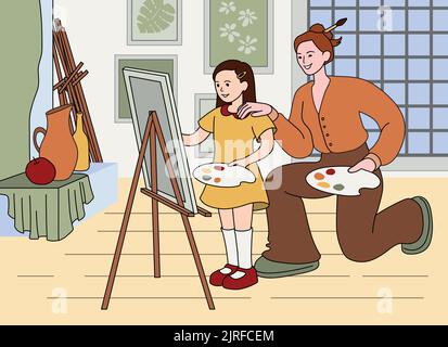 Mädchen Künstlerin Zeichnung auf Leinwand mit Aquarellen und Pinsel in der Kunstpädagogik Klasse. Kind studiert Malerei mit Unterstützung des Lehrers. Schüler mit Staffelzeichnen, üben künstlerische Fähigkeiten flache Vektor-Illustration Stock Vektor
