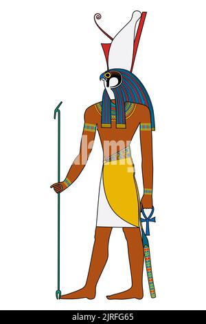 Horus, gott des Königtums und des Himmels im alten Ägypten. Vormundgottheit, dargestellt als falkköpfiger Mann, trägt die Pschent, eine rot-weiße Krone. Stockfoto