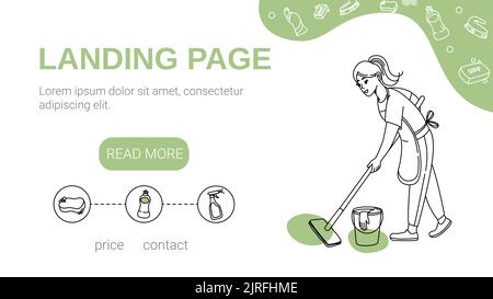 Reinigungsservice Vektor Landing Page mit handgezeichneter Illustration von professionellen umweltfreundlichen Produkten und Hausangestellte mit Mopp, Eimer. Frau in einem einheitlichen sauberen Haus mit flüssigen Reinigungsmitteln. Stock Vektor