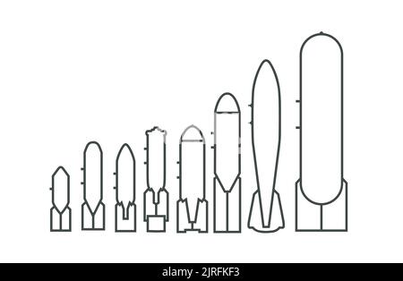 Lineares Symbol für Luftbomben. Schwarze Kontur Silhouette von alten russischen Flugraketen und ballistischen Raketen-Ikonen. Rüstungselemente für militärisches Design Stock Vektor