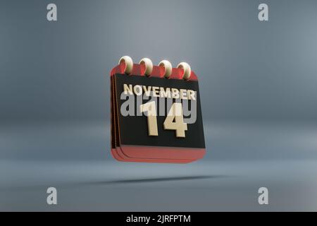 Schwarzer und roter Kalender mit Monatseinlagen und Datum November 14. Modernes Design mit goldenen Elementen, 3D Rendering Illustration. Blaugrauer Hintergr Stockfoto