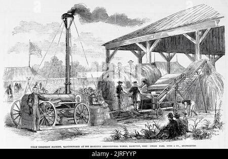 Dampfdreschmaschine, hergestellt in den Hamilton Agricultural Works, Hamilton, Ohio - Owens, Fane, Dyer und Co., Eigentümer (1860). 19.. Jahrhundert Illustration aus Frank Leslie's Illustrated Newspaper Stockfoto