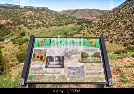 Melden Sie sich im ehemaligen Orchard-Gebiet an, das 1881 von Melvin Mills im Canadian River Canyon aka Mills Canyon, Kiowa National Grassland, New Mexico, USA, gegründet wurde Stockfoto