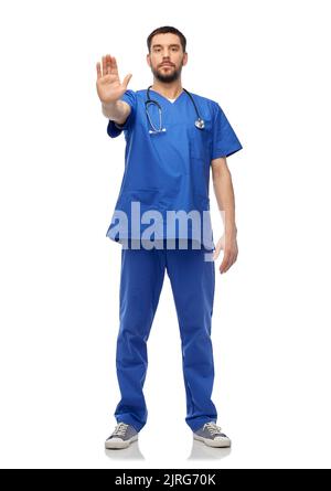 Arzt oder Krankenschwester zeigen Stoppgeste Stockfoto