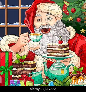 frohe weihnachten Illustration, weihnachtsmann Tee trinken und Kuchen zu Hause essen Stockfoto