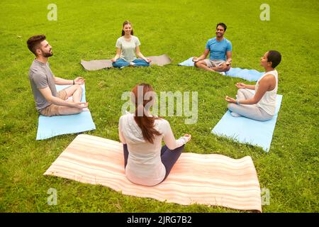Eine Gruppe von Menschen, die im Sommerpark Yoga machen Stockfoto