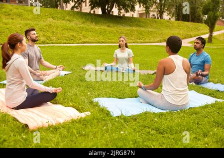 Eine Gruppe von Menschen, die im Sommerpark Yoga machen Stockfoto
