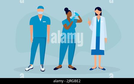 Ein medizinisches Team von drei Ständen mit unterschiedlichem Zubehör für Ärzte Stock Vektor